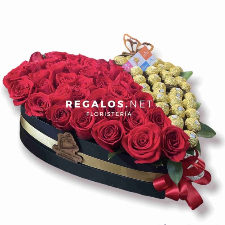 Corazon grande de rosas y chocolates