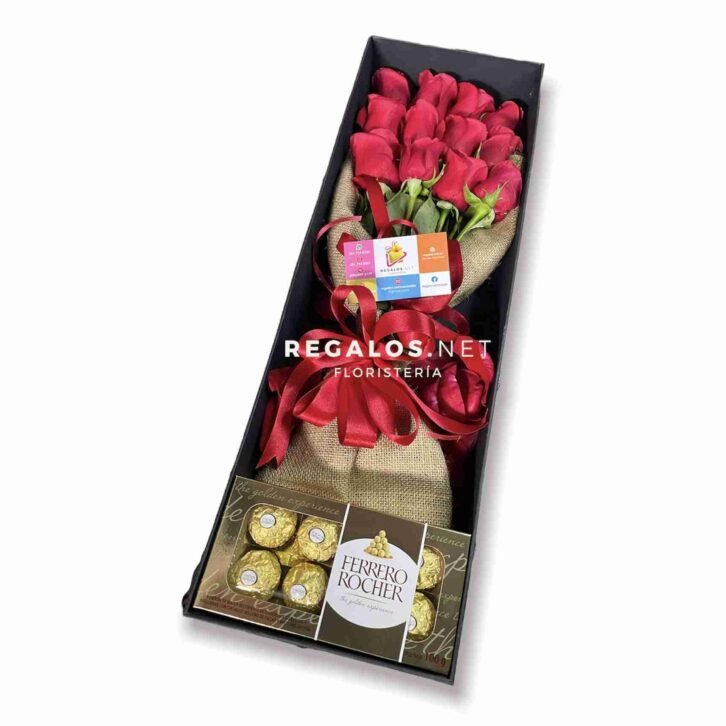 Bouquets en caja tipo engalanado con caja chocolates ferrero roche